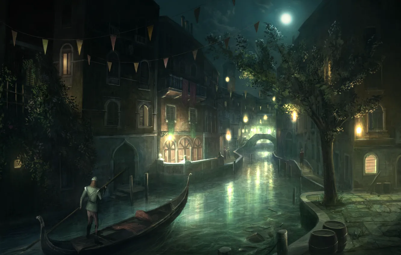 Фото обои ночь, город, луна, лодка, венеция, Assassin's Creed 2
