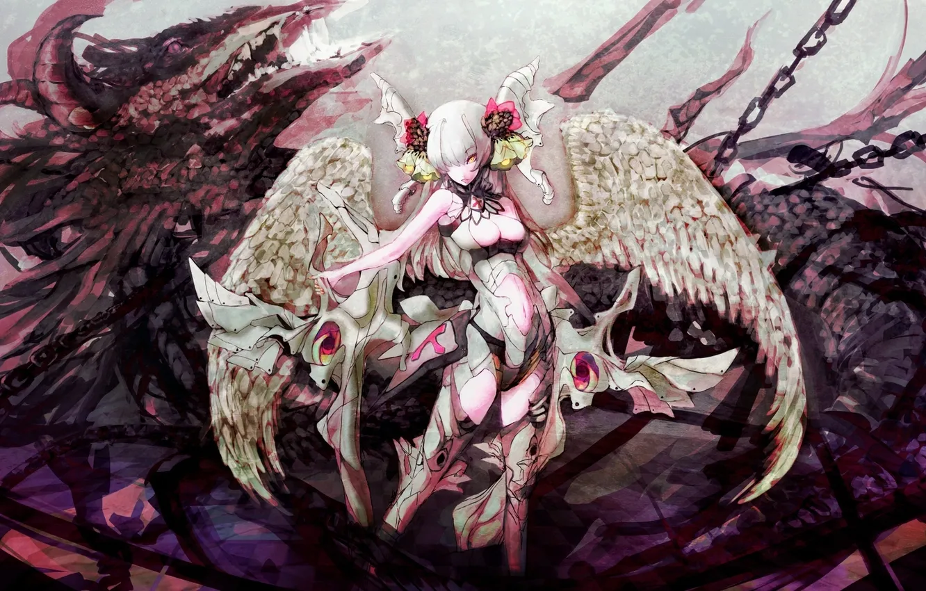 Фото обои девушка, кровь, дракон, крылья, аниме, арт, цепи, iori