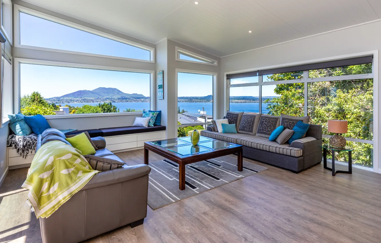 Фото обои комната, интерьер, New Zealand, гостиная, вид на озеро, House in Taupo
