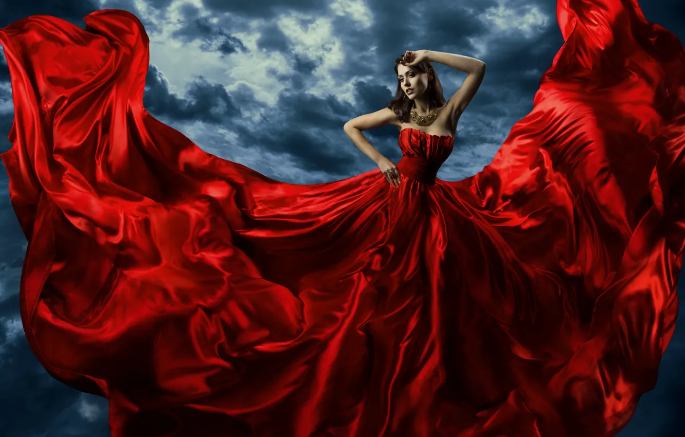 Фото обои взгляд, украшения, фон, шлейф, руки, макияж, красное платье