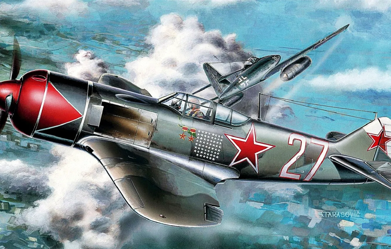 Фото обои Ла-7, Вторая Мировая война, Люфтваффе, Me.262A-1a, Турбореактивный, ВВС РККА, И.Н.Кожедуб