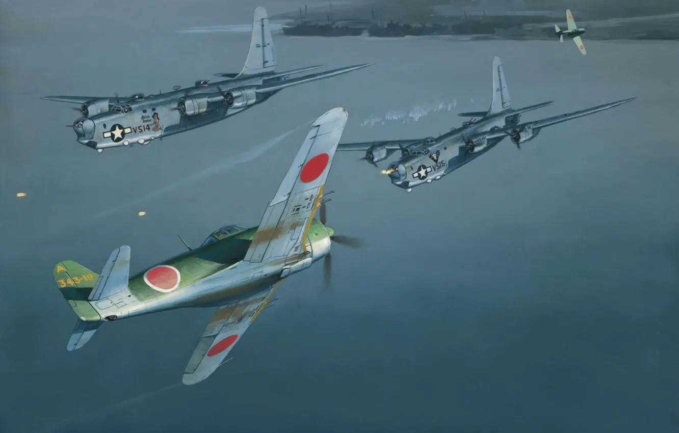 Фото обои war, art, painting, aviation, b 24 liberator, n1k2 shiden kai, combat ww2