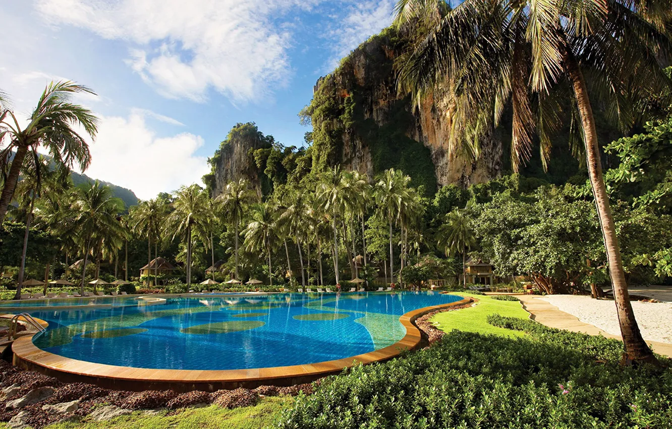 Фото обои пальмы, скалы, бассейн, Таиланд, Thailand, курорт, Krabi