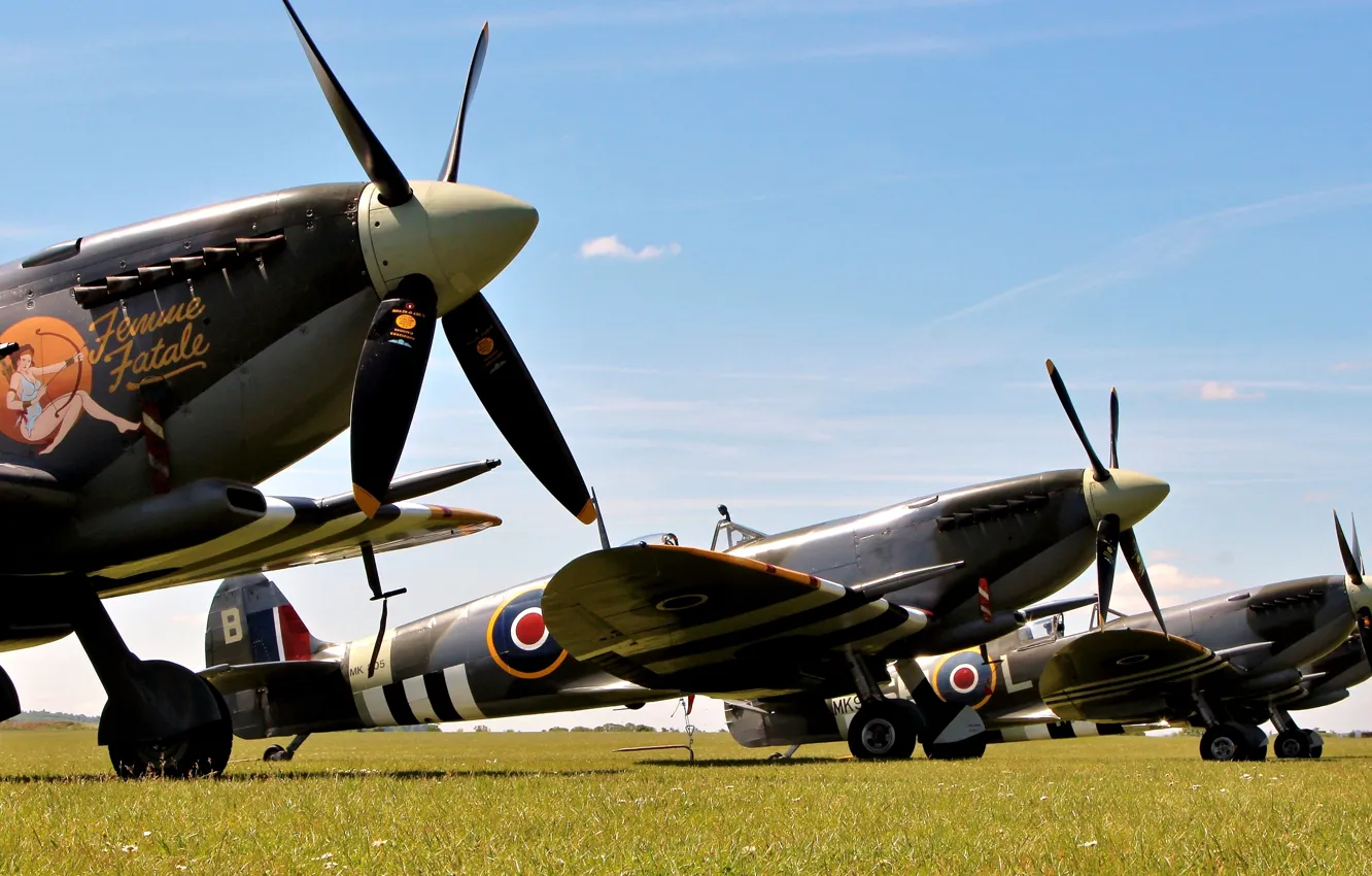 Фото обои поле, трава, самолёты, звено, WW2, британских, Spitfire LF.IXb, истребителе