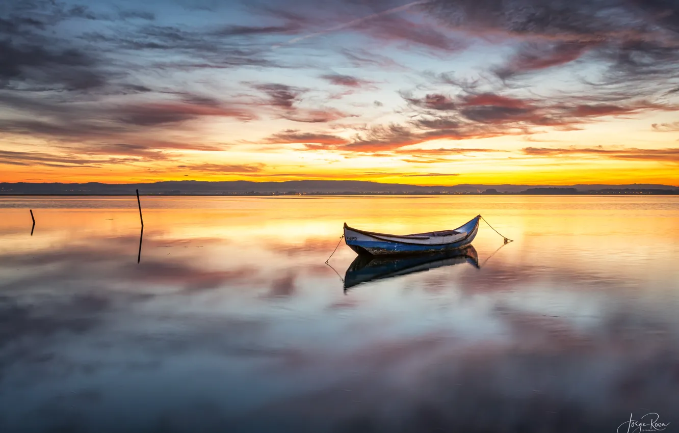 Фото обои небо, закат, берег, лодка, залив, Portugal, Torreira