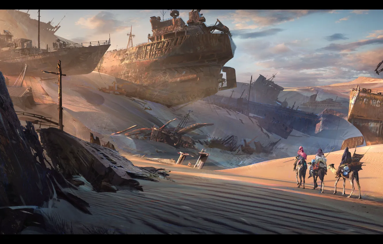 Фото обои песок, пустыня, караван, остовы, Ship Graveyard