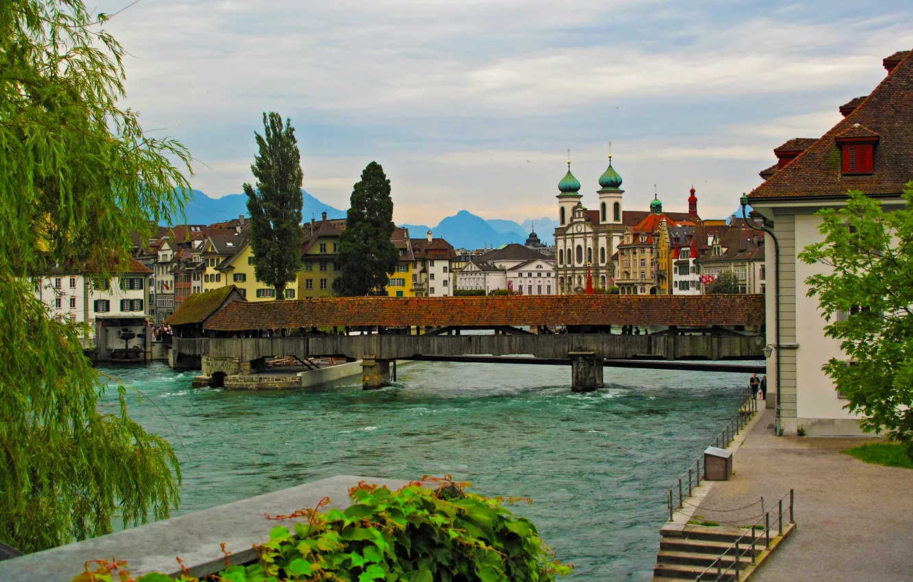 Фото обои мост, река, течение, дома, Швейцария, набережная, Luzern