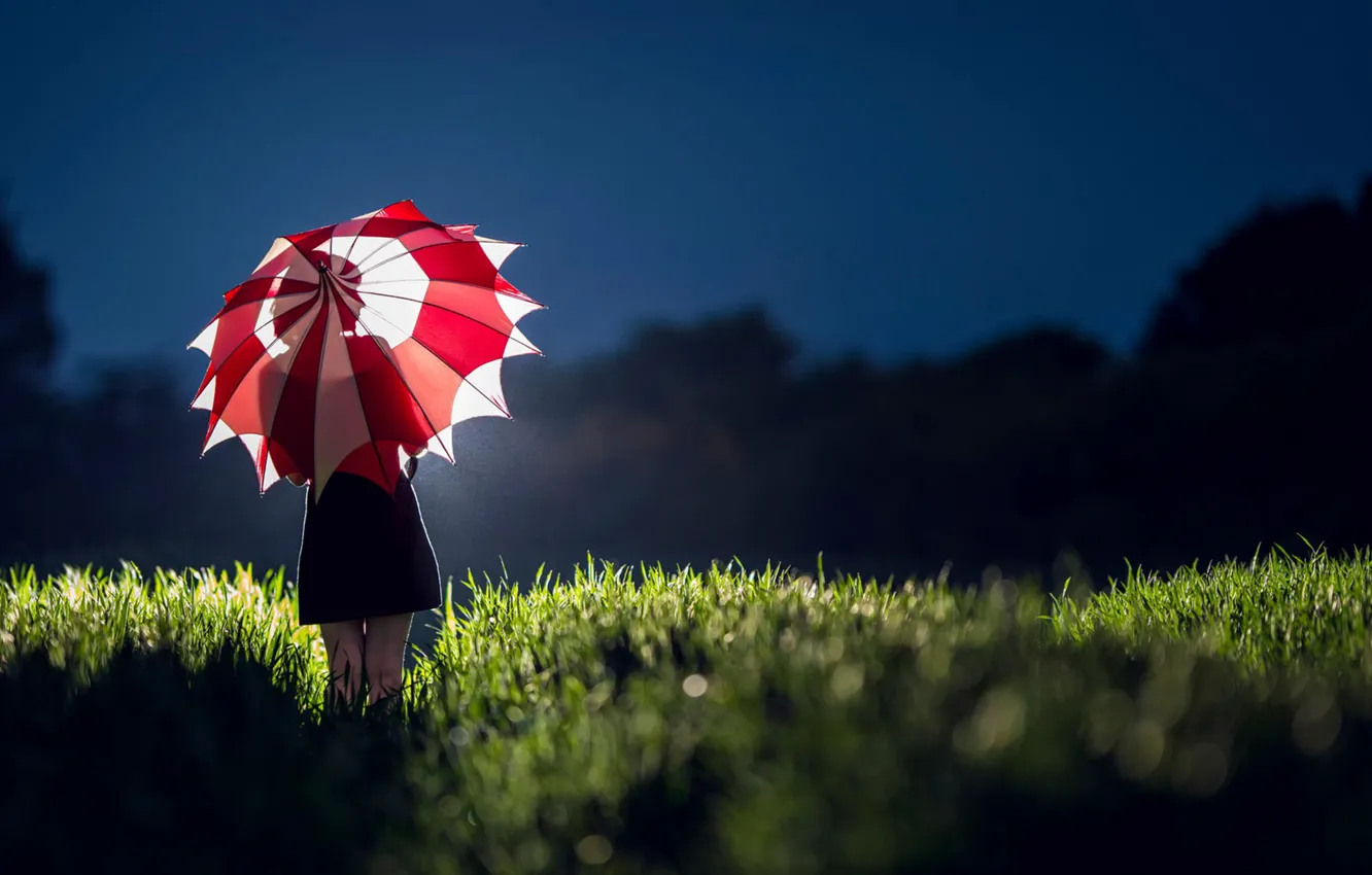 Фото обои поле, девушка, свет, зонт, платье, силуэт