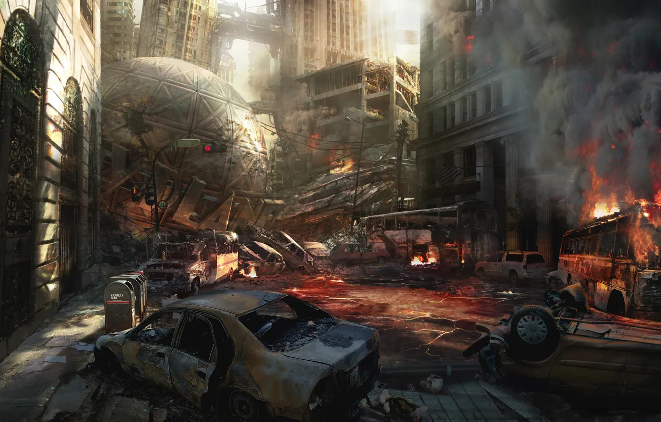 Фото обои машины, город, война, здание, глобус, пажар, burned_city, Daily Planet
