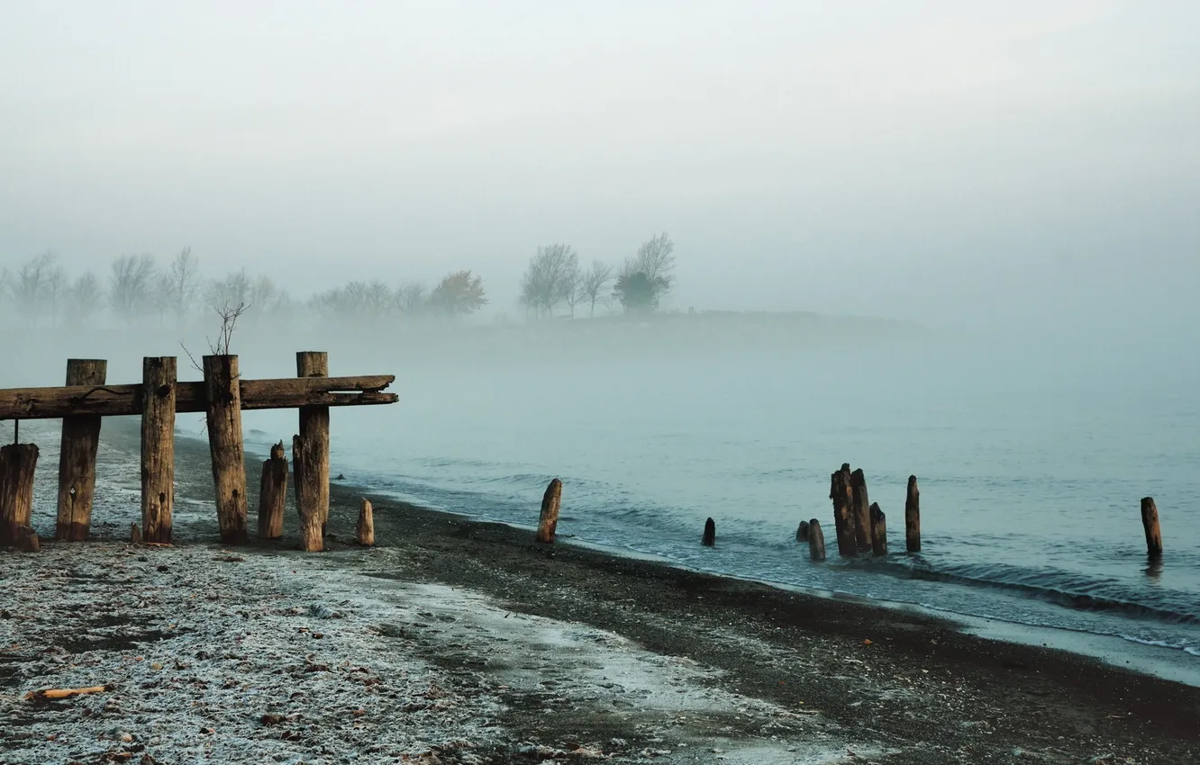 Фото обои пейзаж, туман, озеро