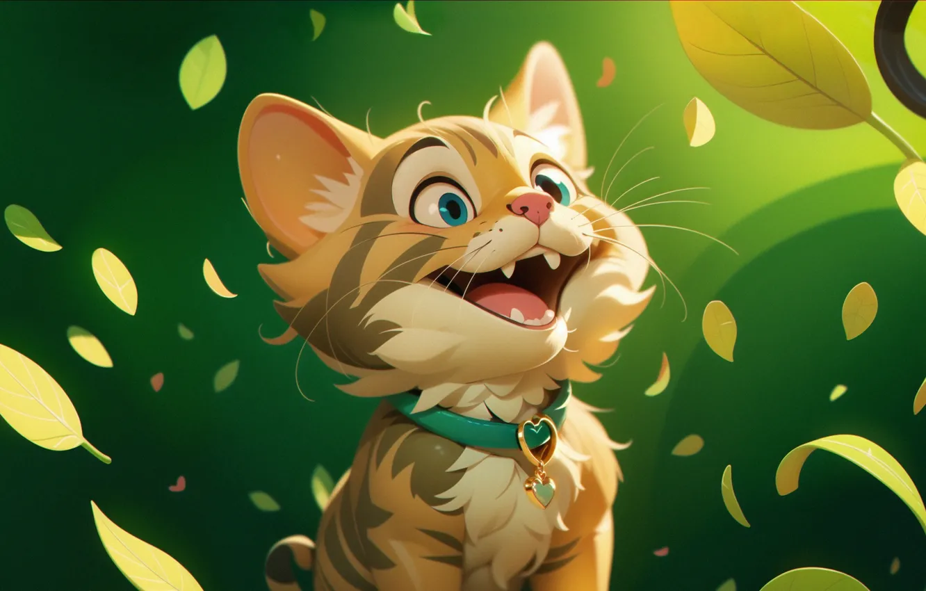 Фото обои pixar, cartoon, room, sitting, adorable, falling leaves, cute cat, shallow depth of field
