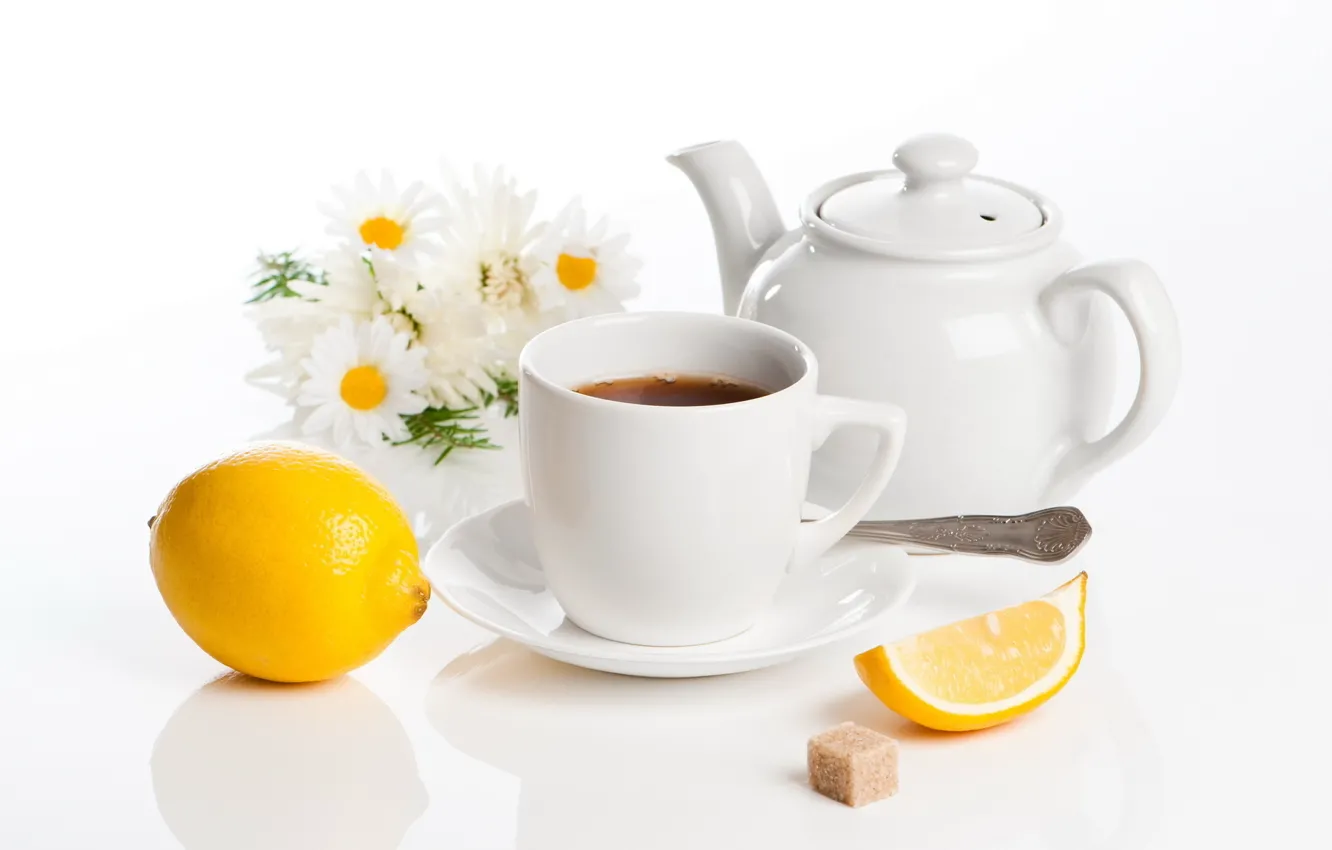 Фото обои лимон, чай, ромашка, заварник