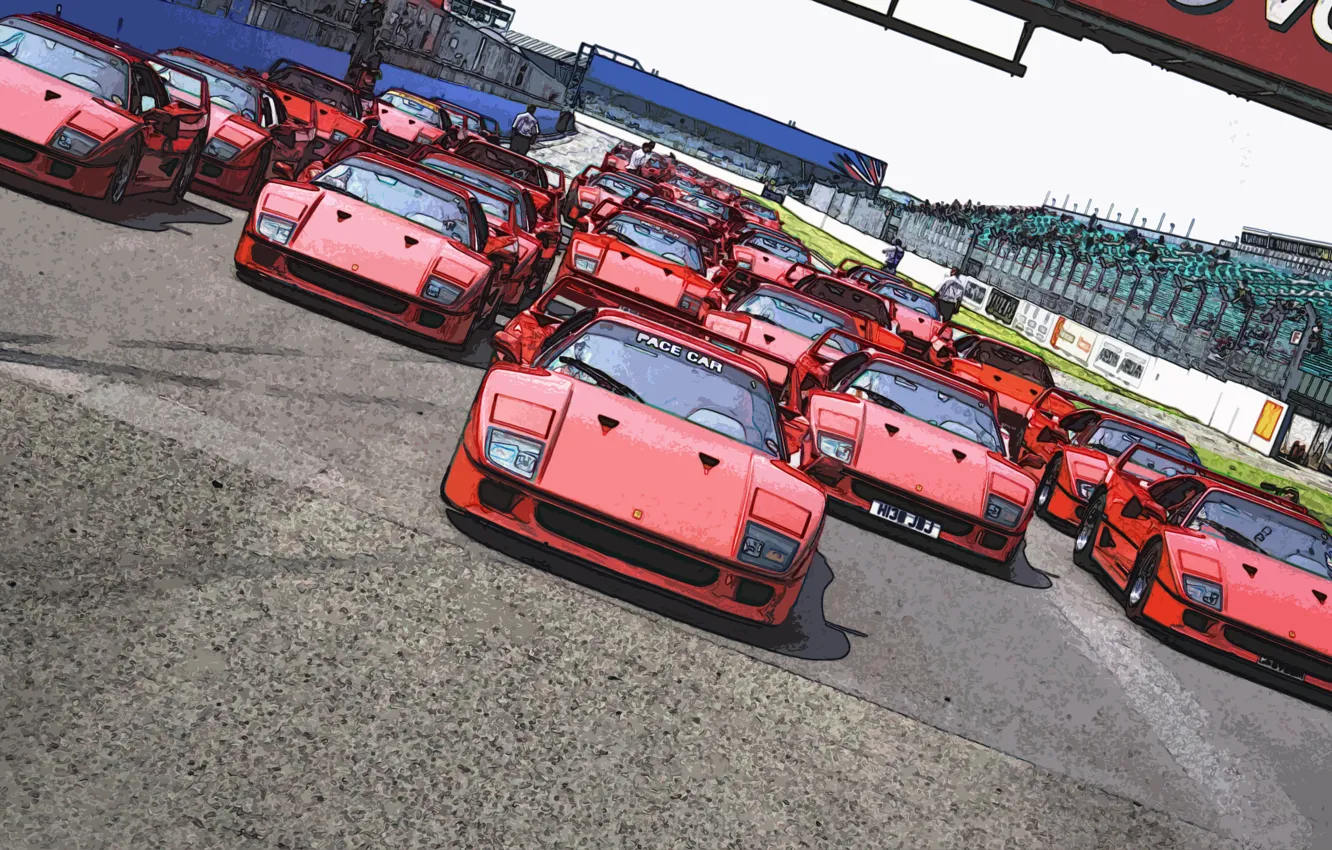 Фото обои Красный, Рисунок, Машина, Ferrari, F40, Автомобиль, Много, Старт