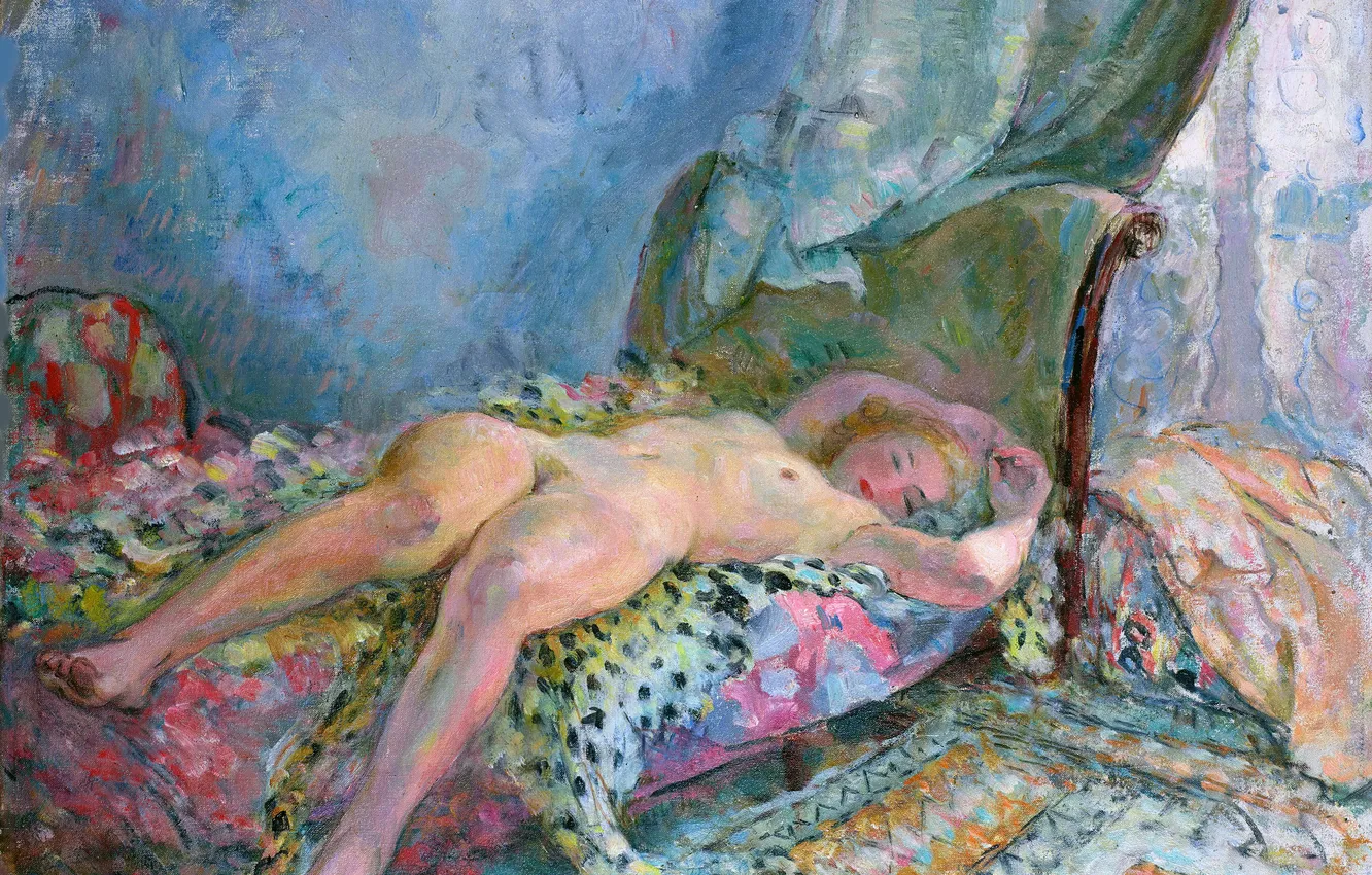 Фото обои Девушка, Диван, Картина, Обнажена, Henri Lebasque, Анри Лебаск, Французский художник-импрессионист, Лежащая обнаженная девушка в интерьере