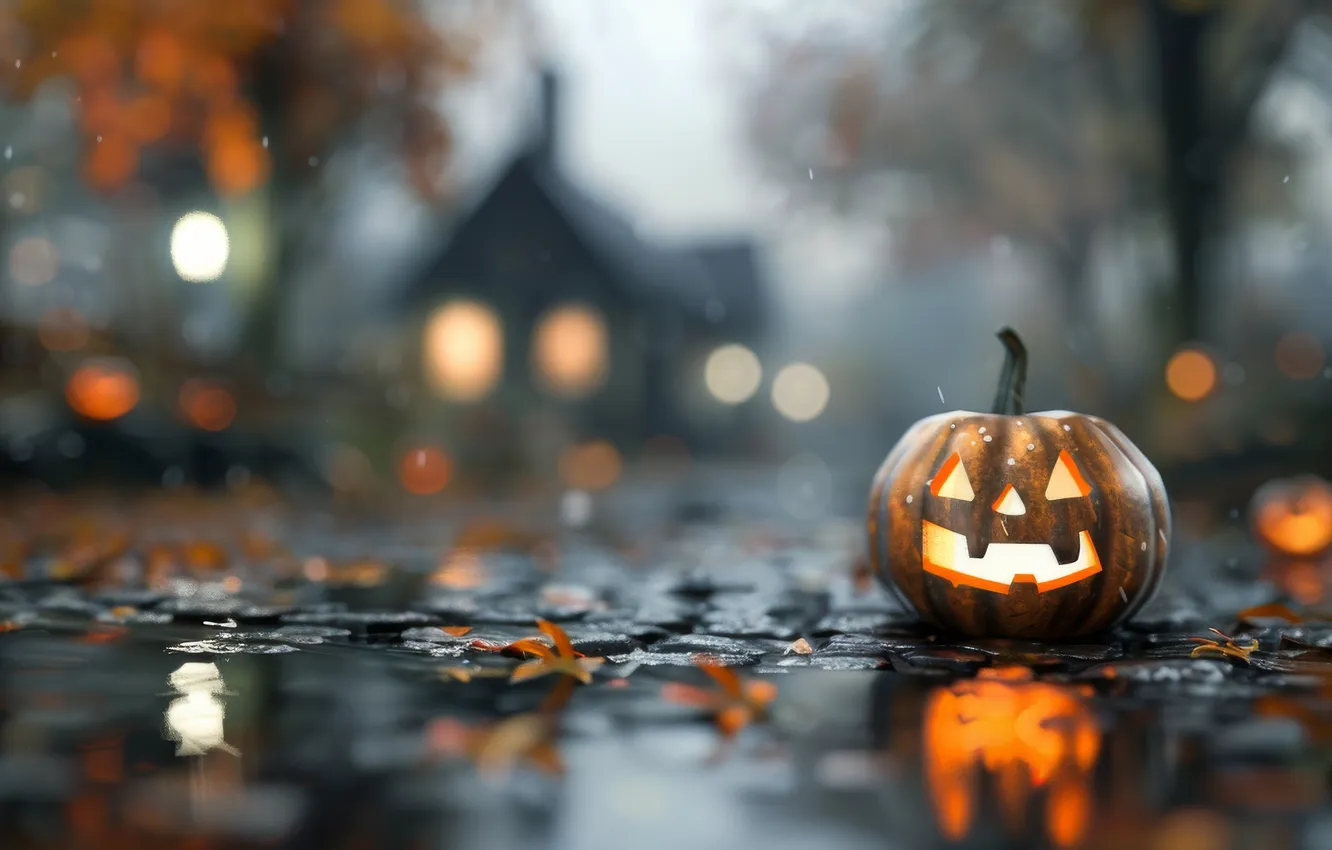 Фото обои дорога, осень, огни, туман, отражение, дождь, праздник, дома