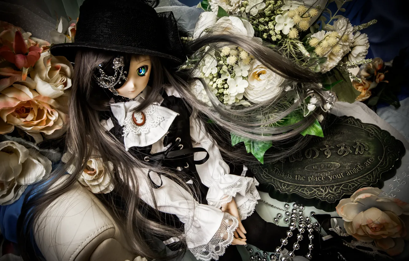 Фото обои цветы, волосы, игрушка, шляпа, кукла, повязка