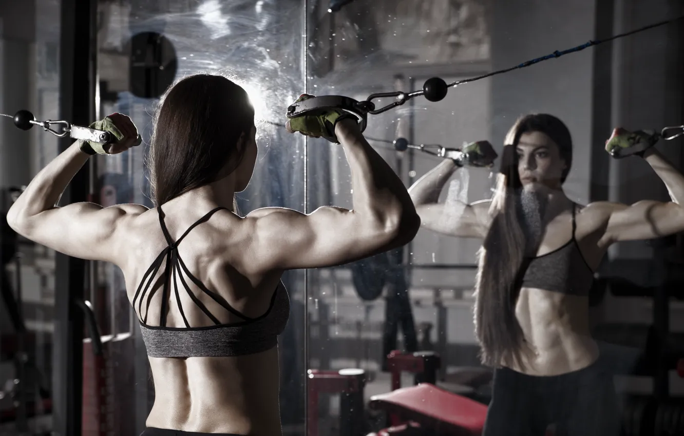 Фото обои back, female, Mirror, workout, fitness, gym