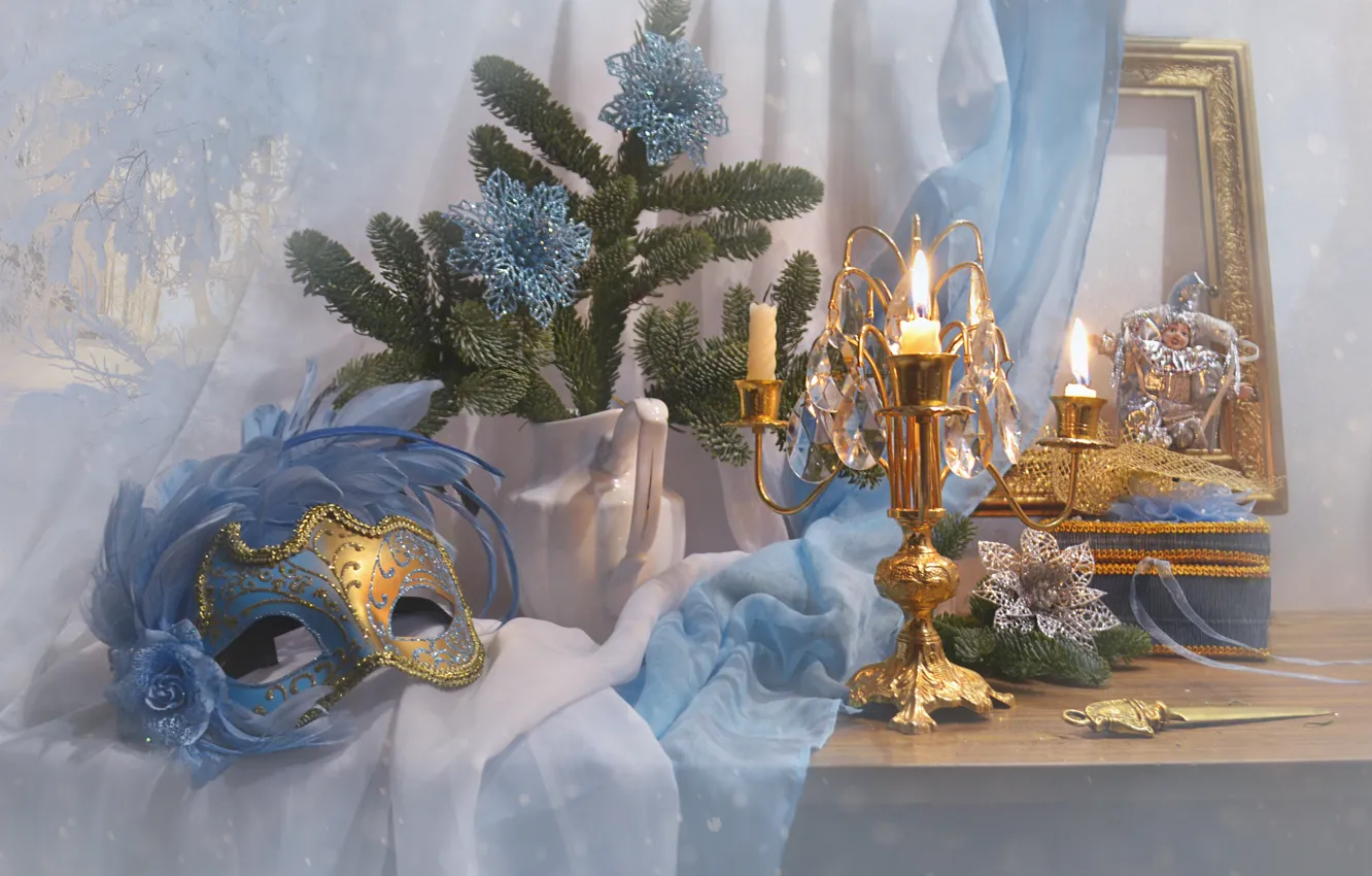 Фото обои украшения, ветки, праздник, новый год, ель, свечи, рамка, маска