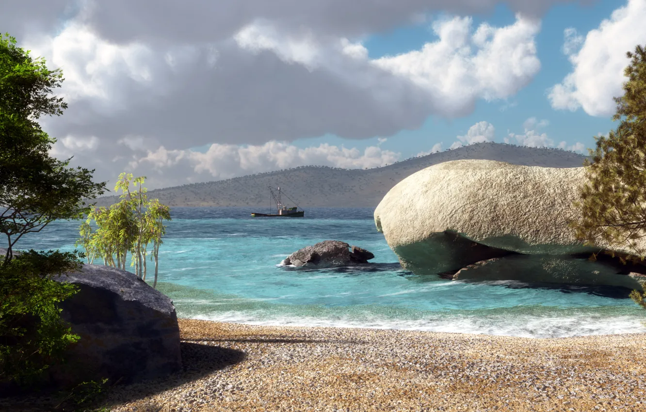 Фото обои песок, море, деревья, холмы, камень, корабль, арт, klontak