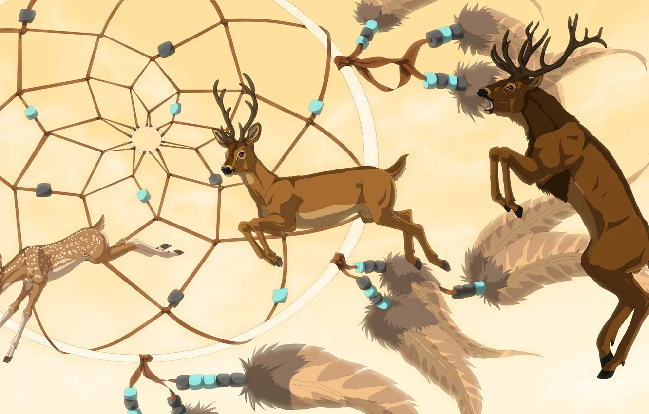 Фото обои животные, перья, арт, рога, олени, ловушка снов