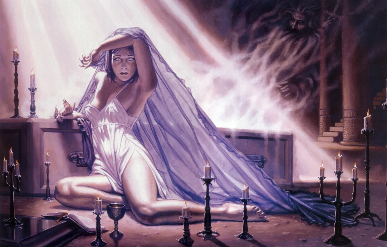 Фото обои девушка, рисунок, свечи, арт, склеп, Dorian Cleavenger, Death Of A Vampire