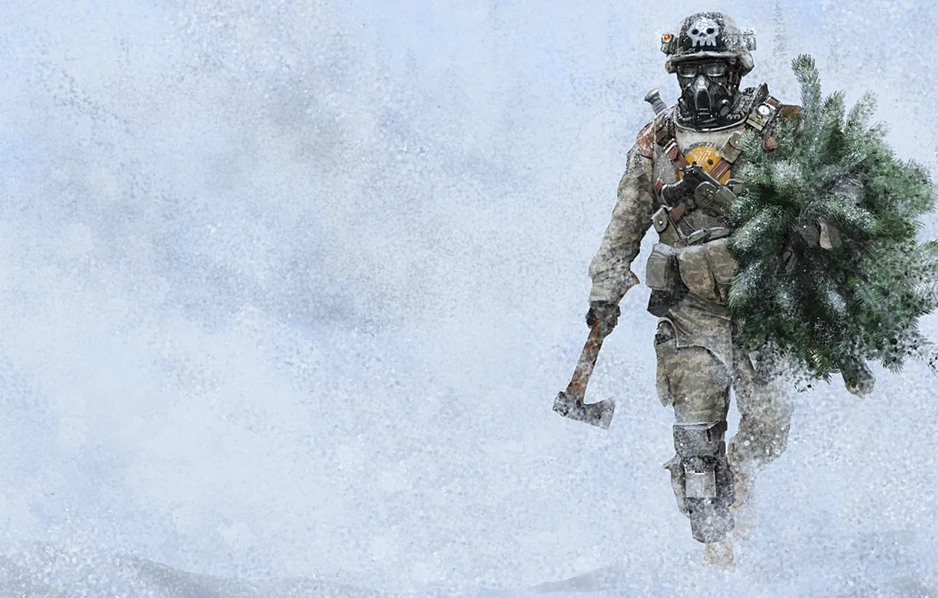 Фото обои Лес, солдат, ёлка, постъядерная зима