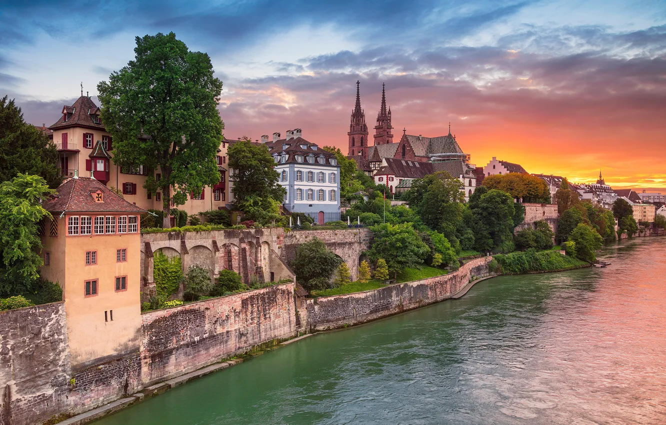 Фото обои закат, река, здания, дома, Швейцария, Switzerland, река Рейн, Basel