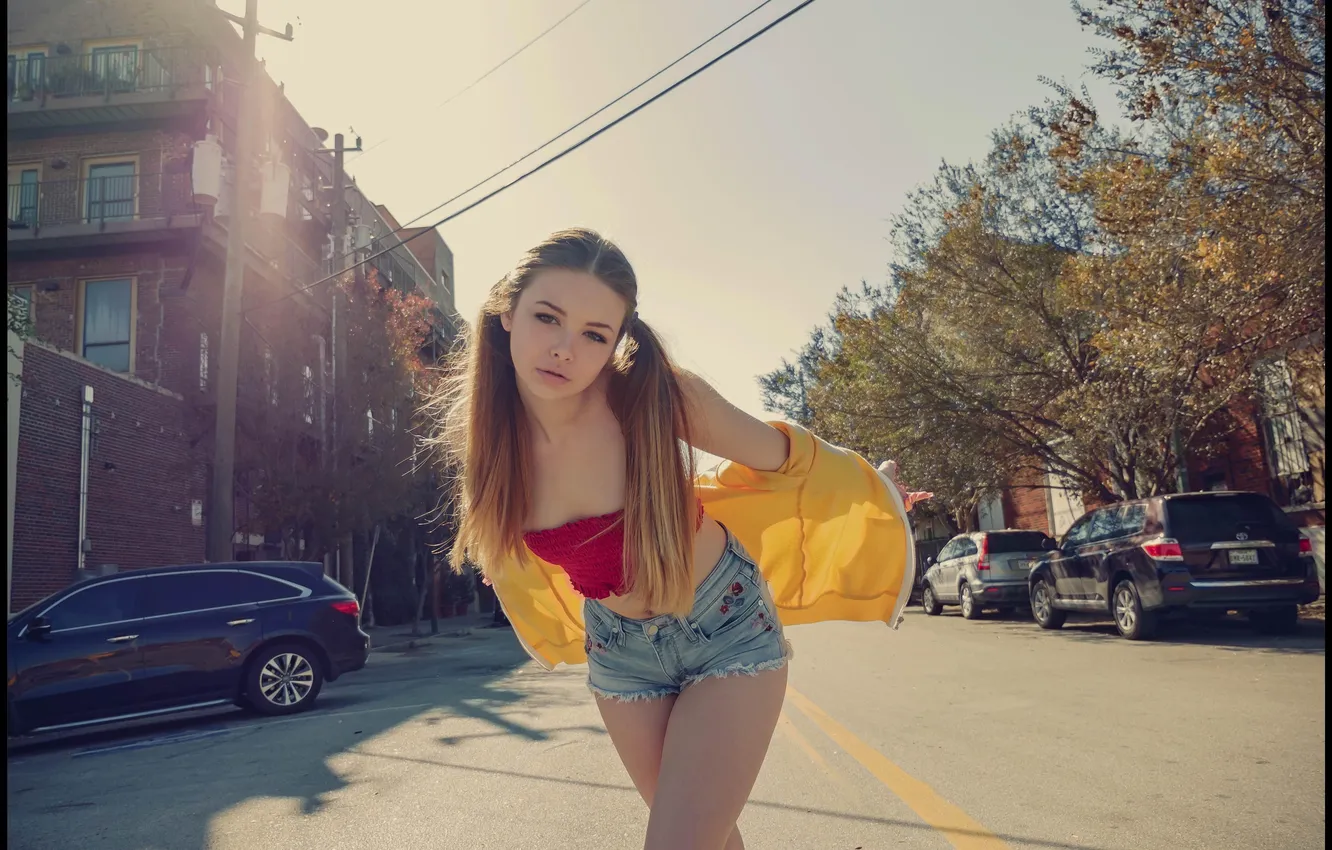 Фото обои girl, shorts, pretty, cute, long-haired, tank top, ponytails