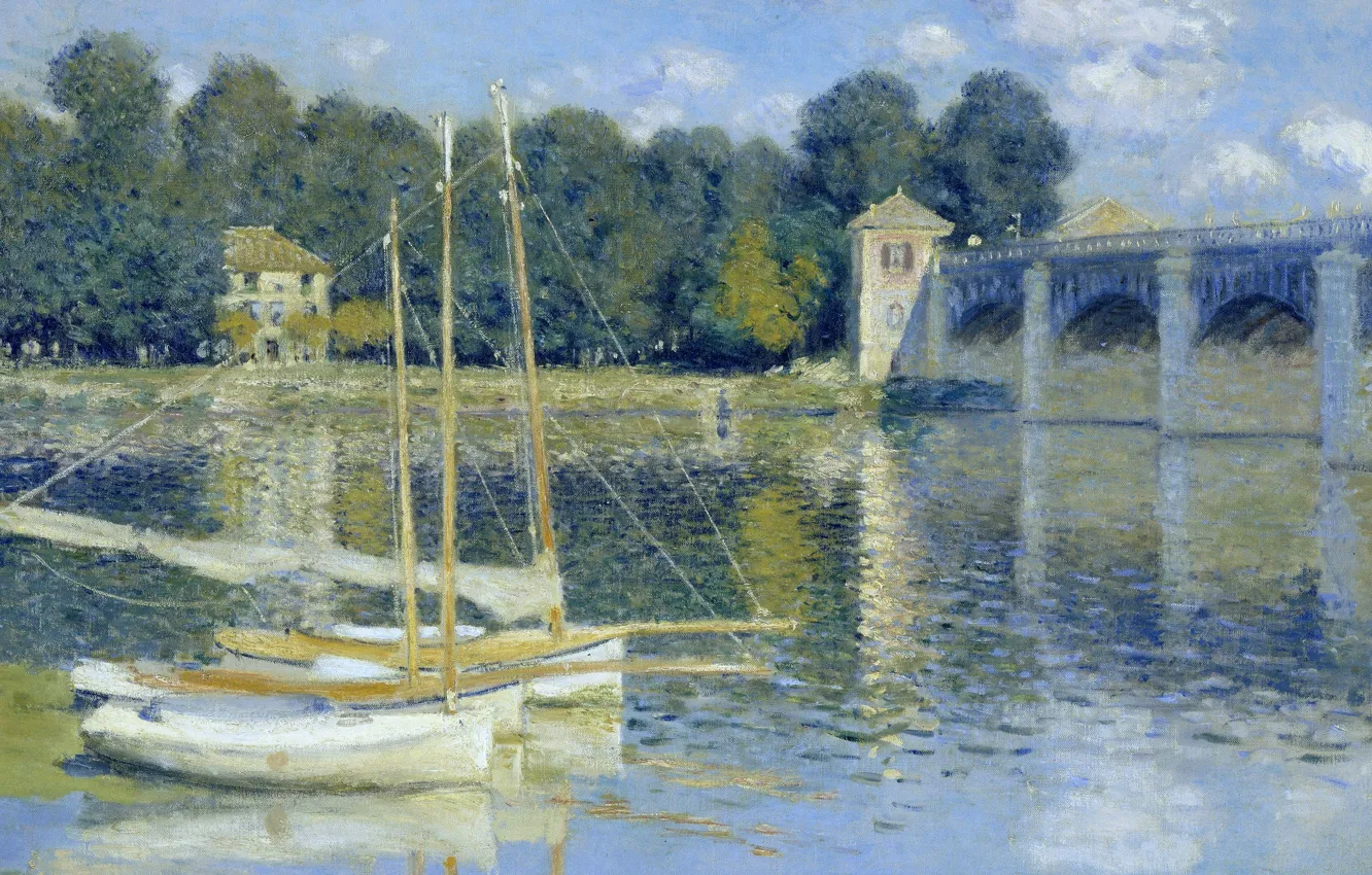 Фото обои пейзаж, картина, лодки, Клод Моне, Мост в Аржантёе