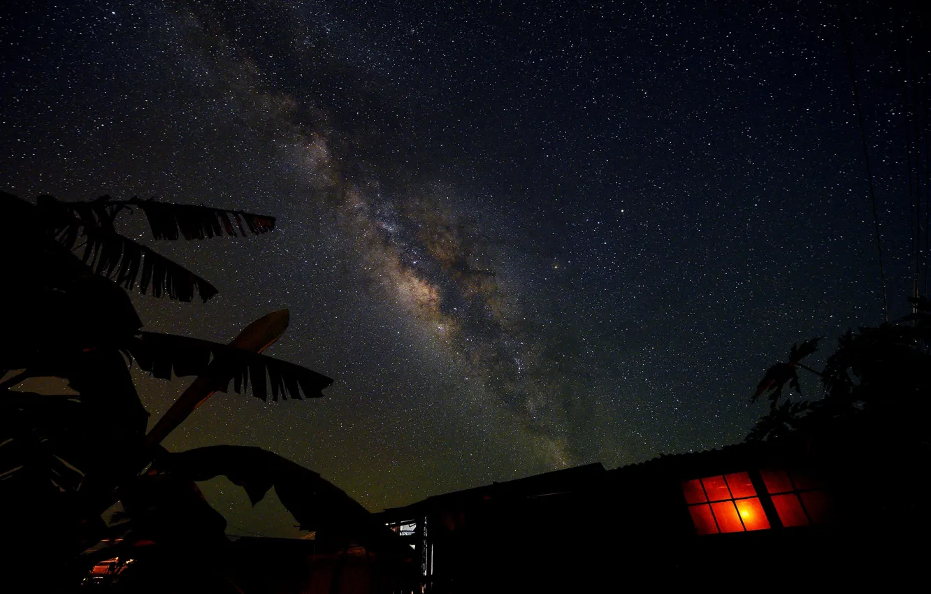 Фото обои космос, звезды, свет, ночь, пространство, дом, окно, млечный путь