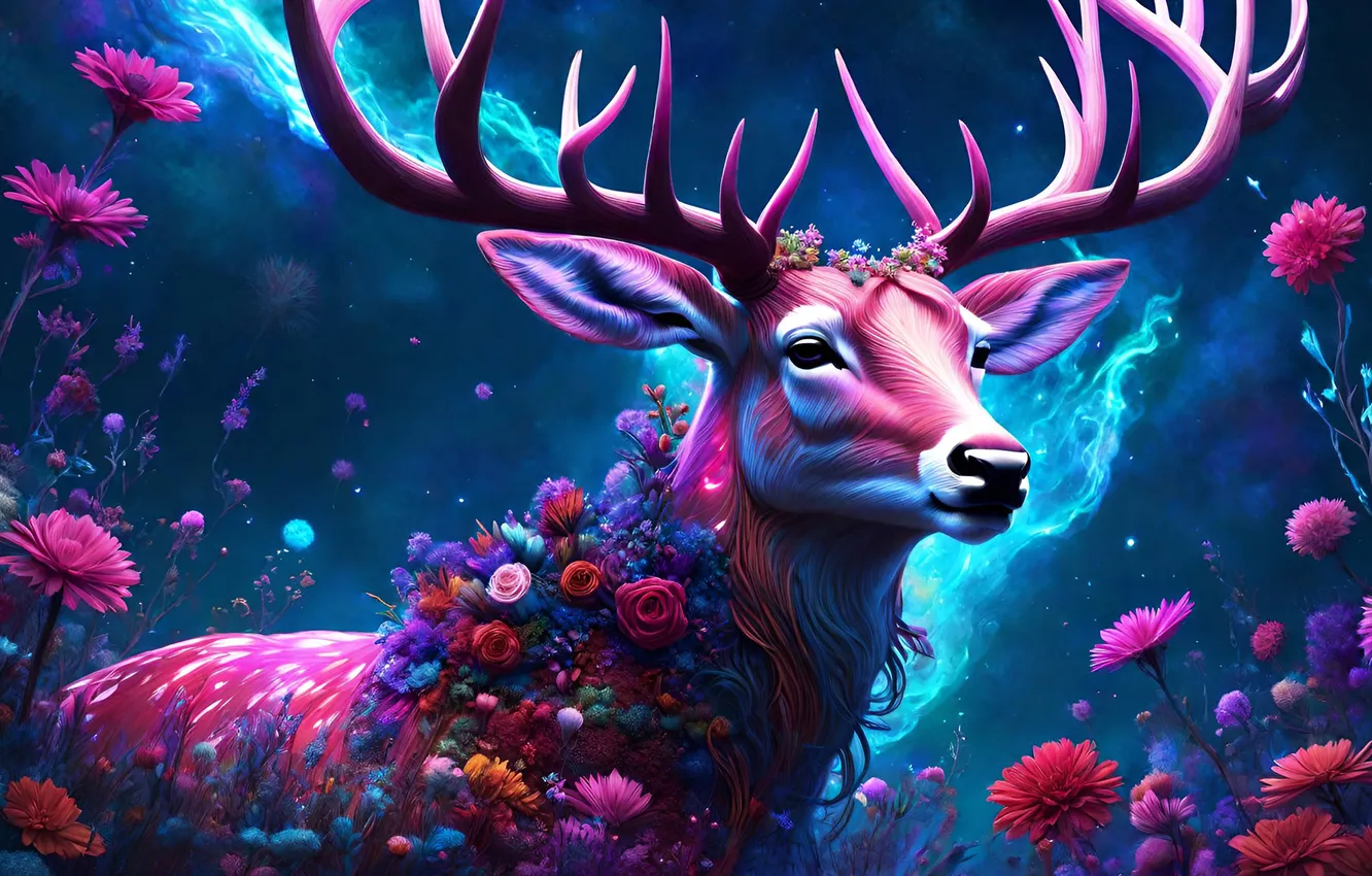 Фото обои цветы, олень, рога