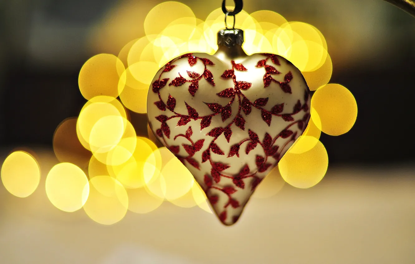 Фото обои огни, узоры, белое, игрушка, сердце, желтые, украшение, Christmas