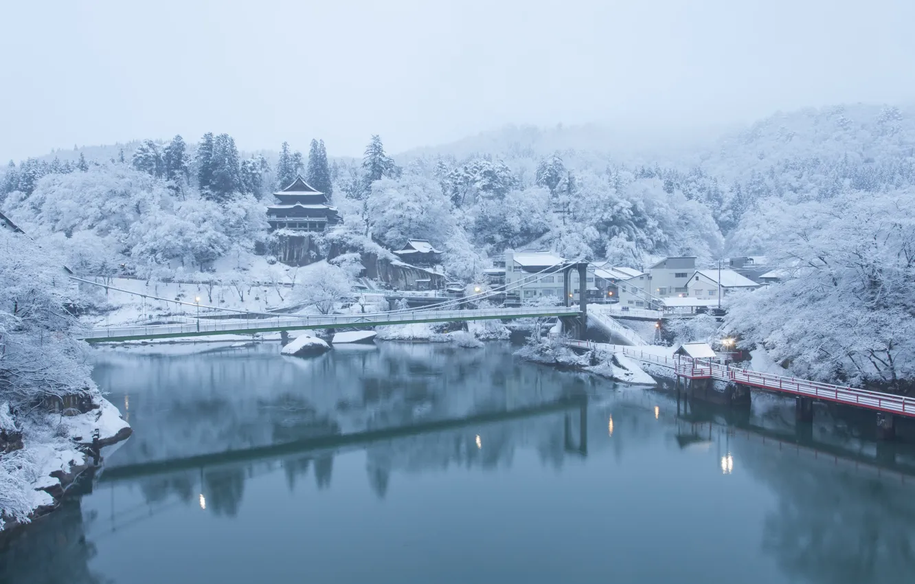 Фото обои Зима, Деревья, Река, Снег, Лес, Пагода, Мосты, Посёлок