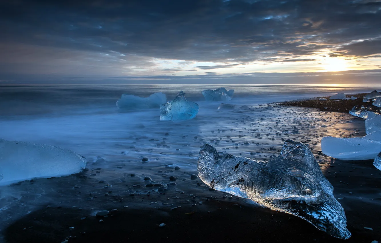 Фото обои море, закат, лёд