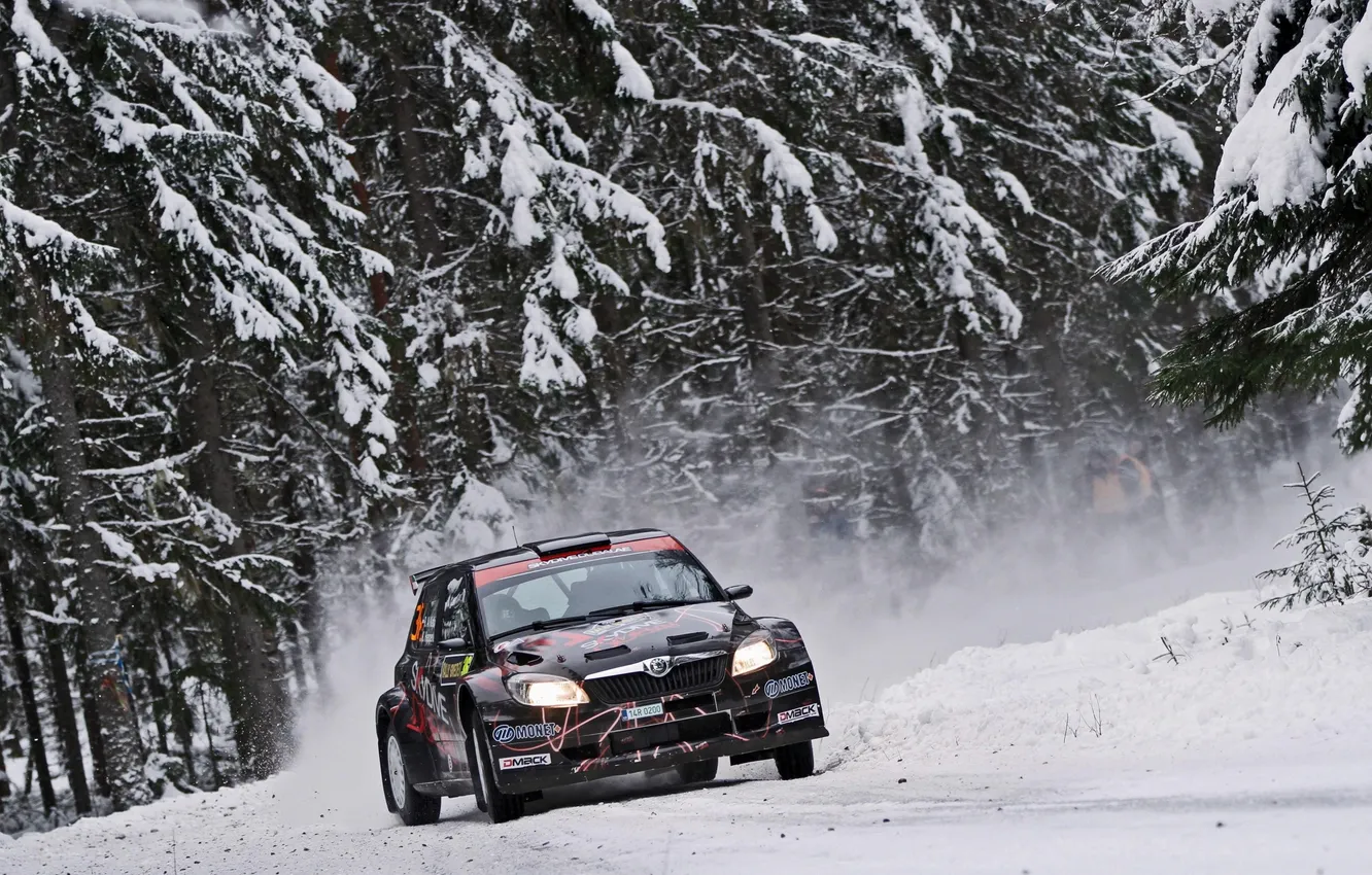 Фото обои Зима, Снег, Лес, Гонка, Фары, WRC, S2000, Rally