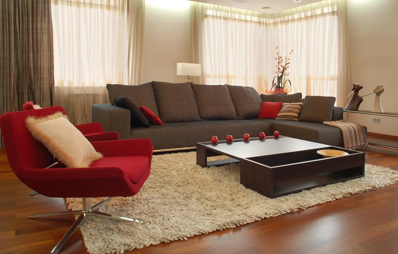 Фото обои дизайн, стиль, комната, диван, красное, ковер, яблоки, мебель