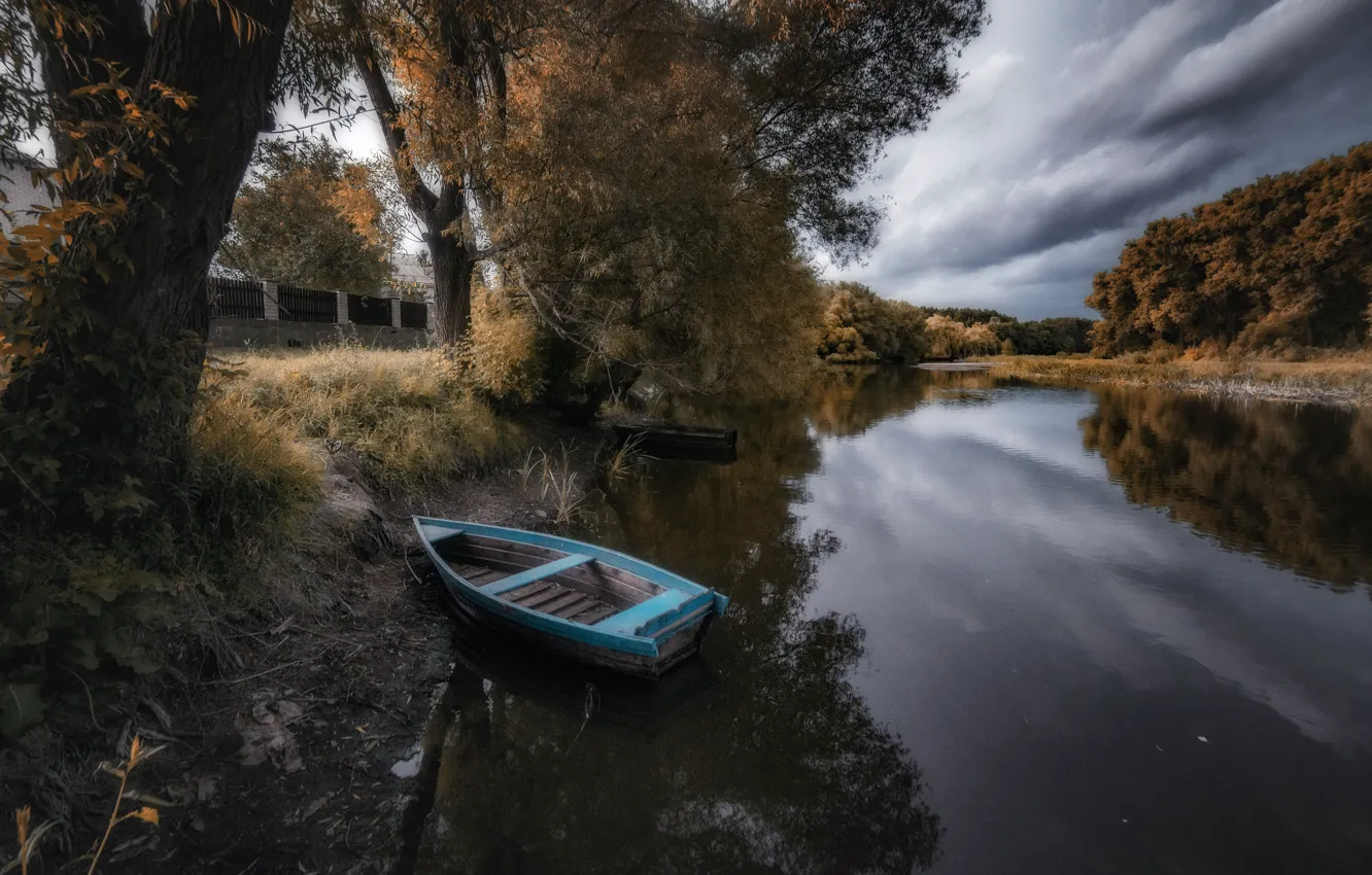 Фото обои пейзаж, природа, река, берег, лодка