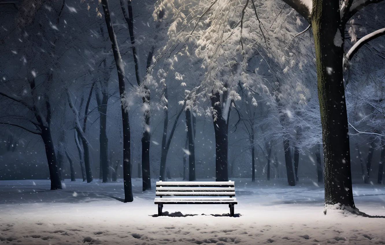 Фото обои зима, снег, деревья, скамейка, ночь, парк, улица, trees