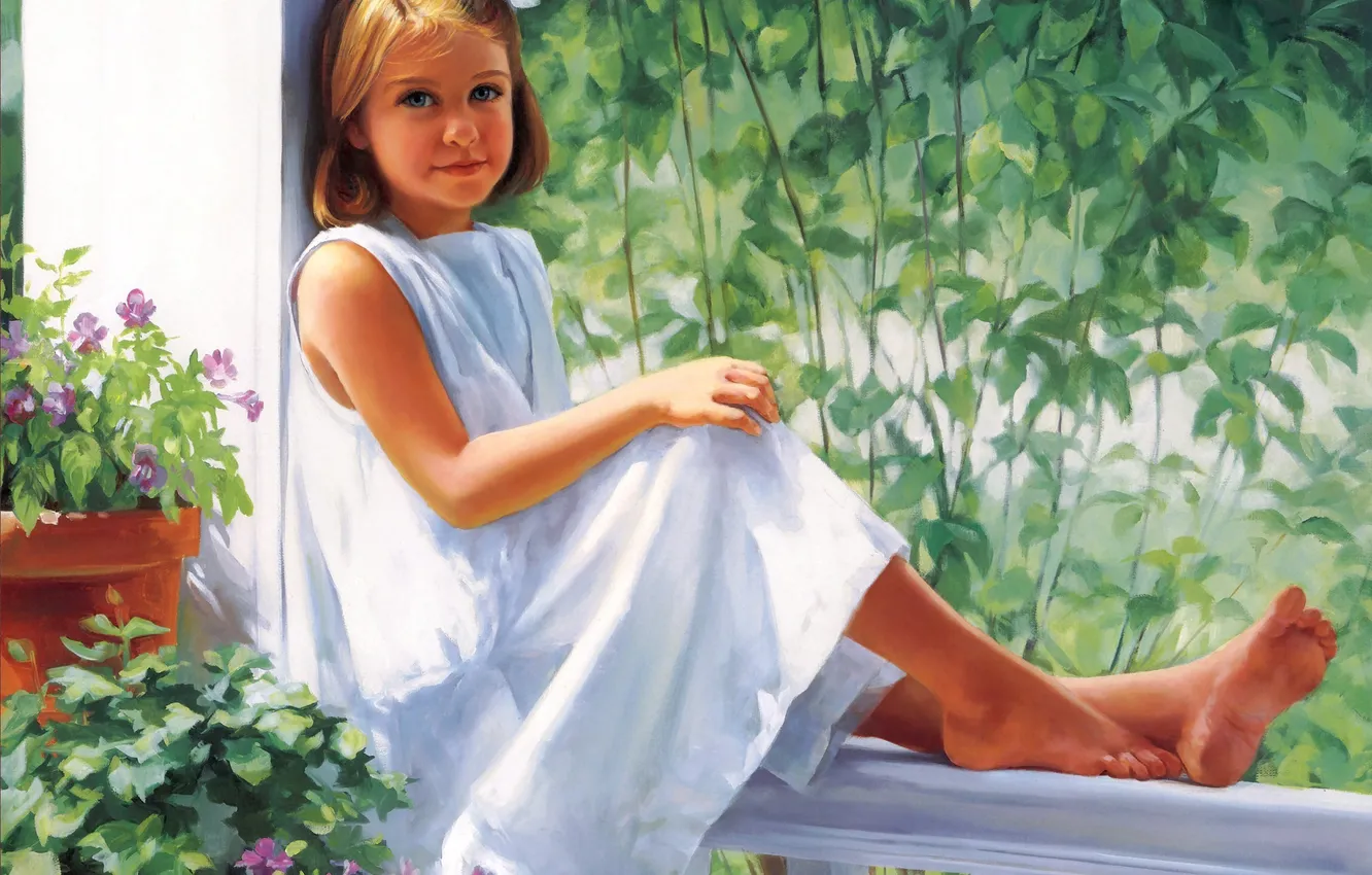 Фото обои цветы, девочка, живопись, Sitting Pretty, Laurie Snow Hein, смазливая, сидящая