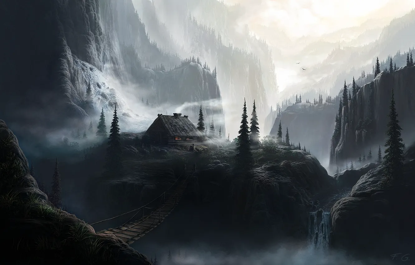 Фото обои лес, горы, мост, избушка, Fel-X