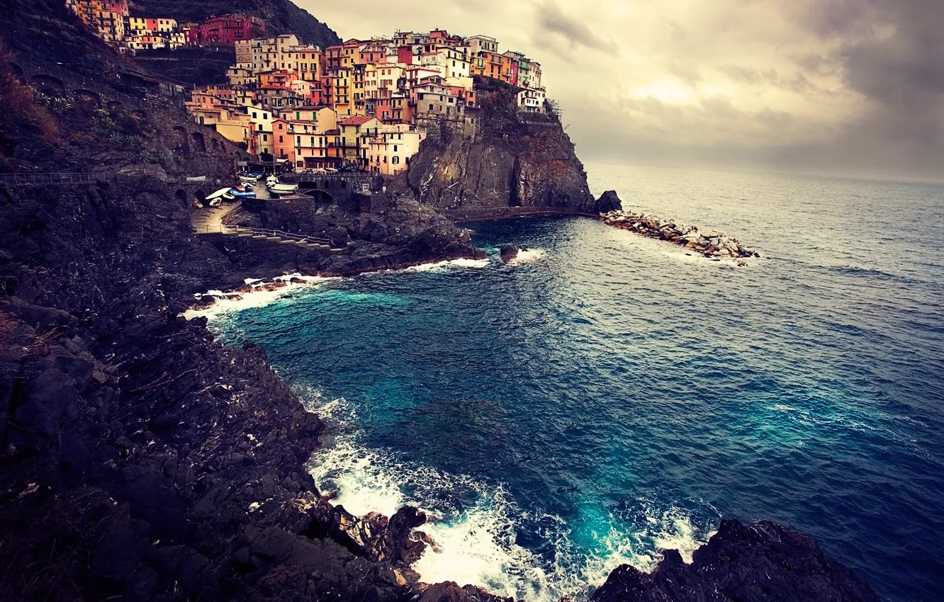 Фото обои море, пейзаж, скалы, побережье, дома, Италия, Italy, Manarola