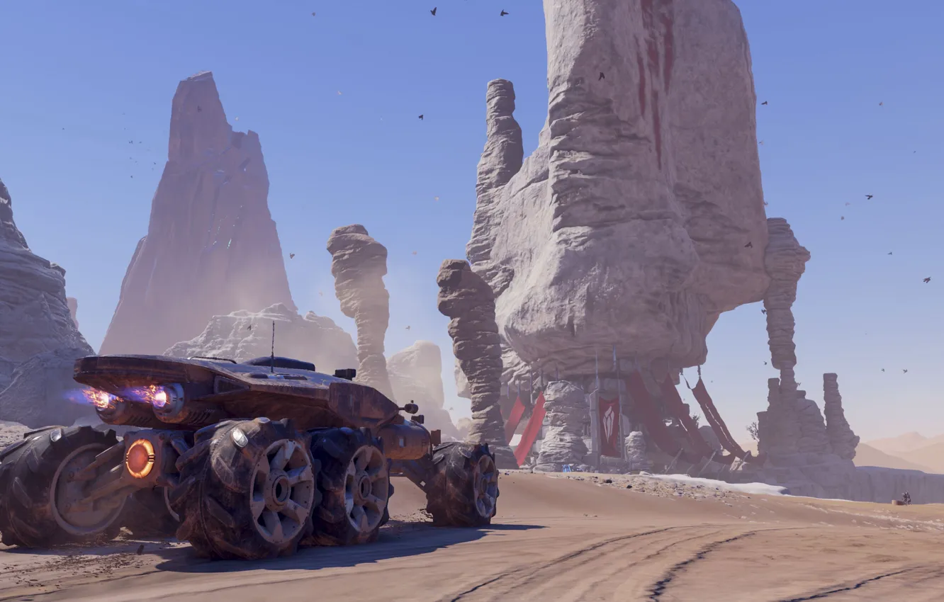 Фото обои car, Andromeda, game, sky, Mass Effect, sand, suna, montain