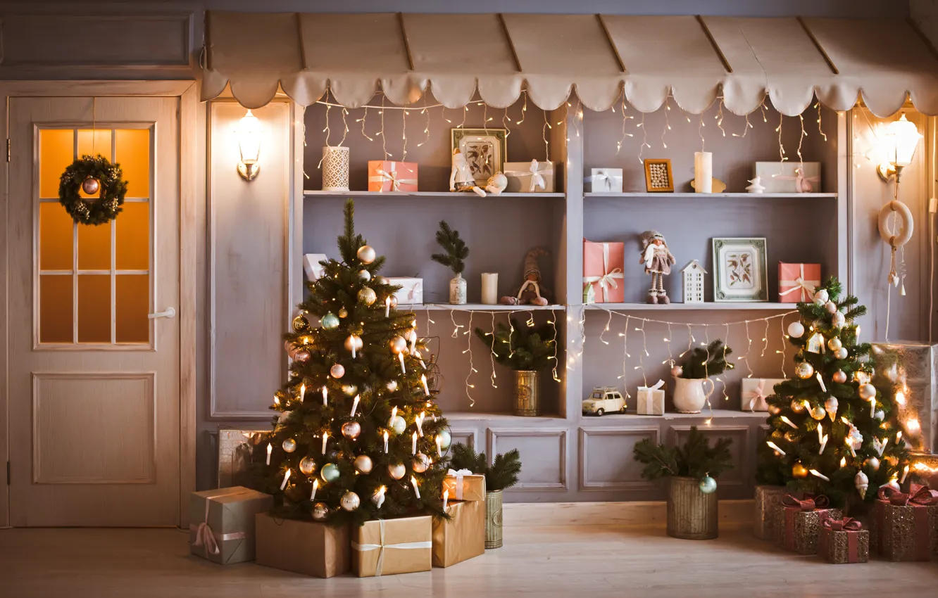Фото обои украшения, елка, интерьер, Рождество, подарки, Новый год, christmas, new year