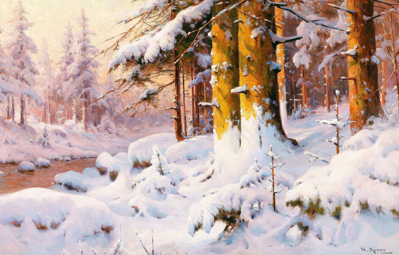 Фото обои Зима, Деревья, Снег, Ручей, Картина, Сосны, Walter Moras, Вальтер Морас