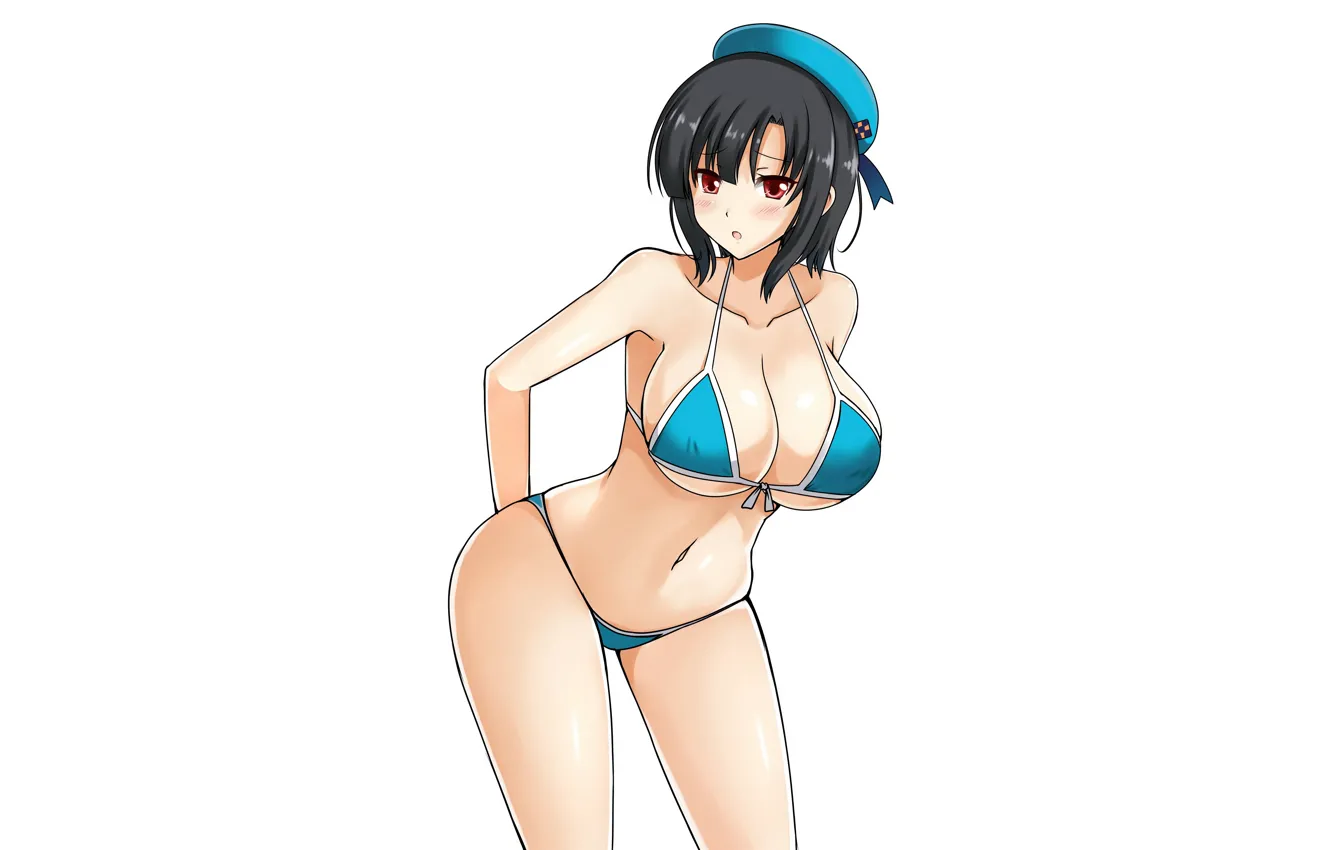 Фото обои girl, sexy, cleavage, boobs, anime, beautiful, red eyes, short hair