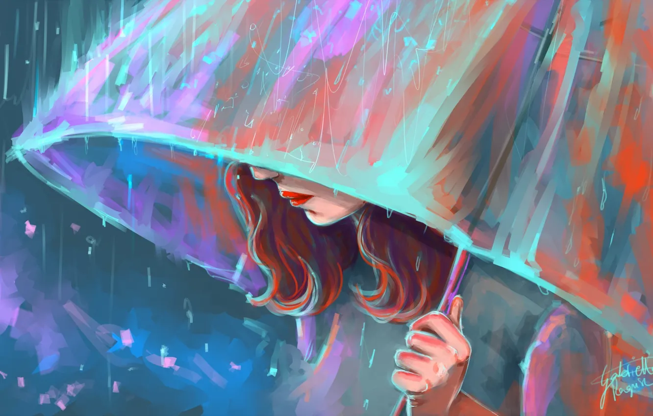 Фото обои девушка, дождь, зонт, арт