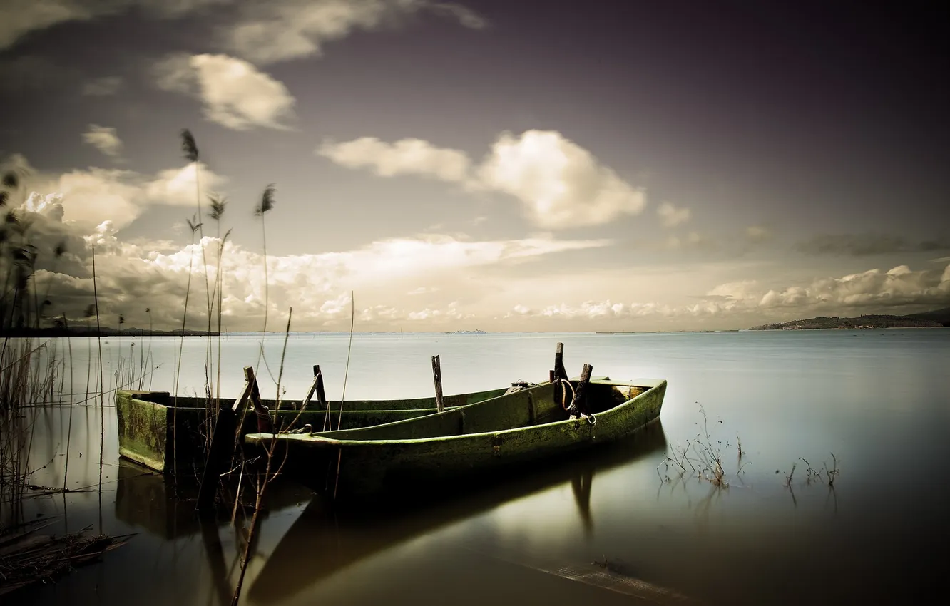 Фото обои пейзаж, озеро, лодки