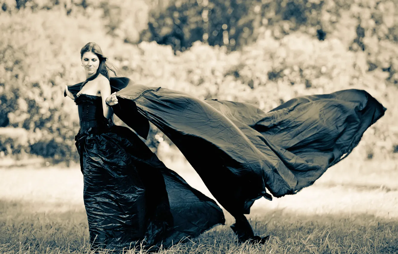 Фото обои трава, девушка, природа, ветер, чёрный, платье, брюнетка