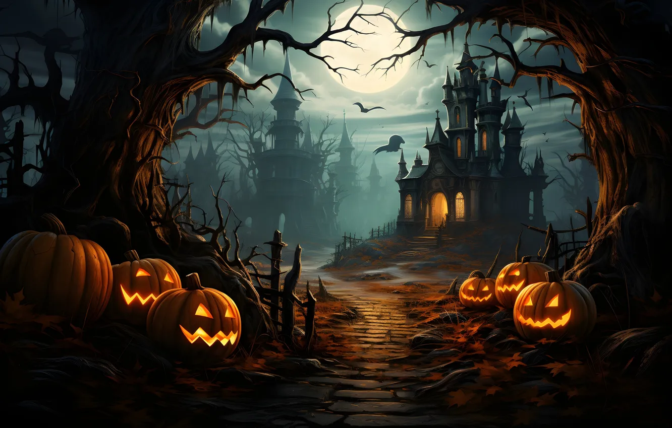 Фото обои Дома, Огни, Ночь, Деревья, Луна, Тучи, Тыквы, Halloween