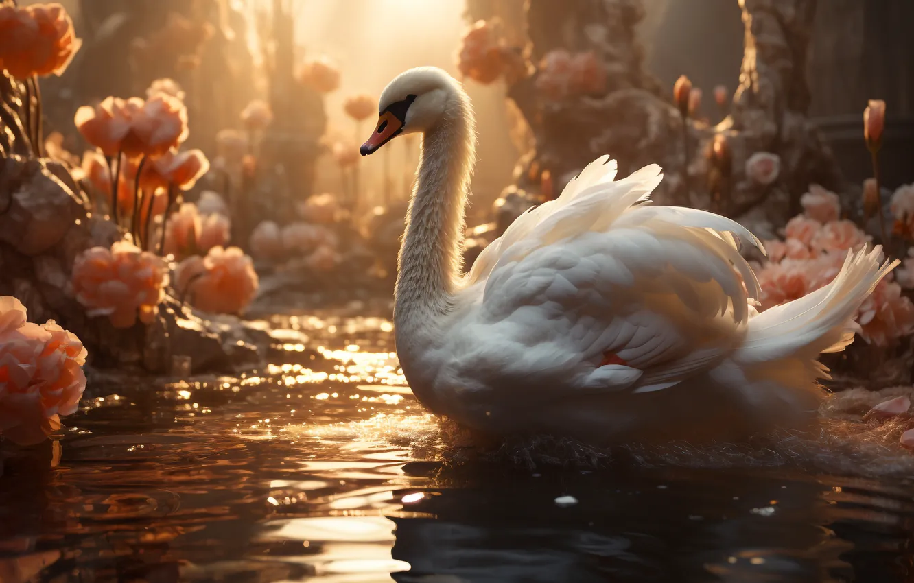 Фото обои белый, природа, озеро, пруд, птица, берег, лебеди, водоем